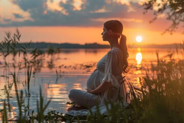 Fototapeta premium Glowing Mother-to-Be Finding Peace and Connection with Her Unborn Child by a Calm Lake at Dusk