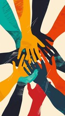A group of diverse hands of different colors reaching together in unity. - obrazy, fototapety, plakaty