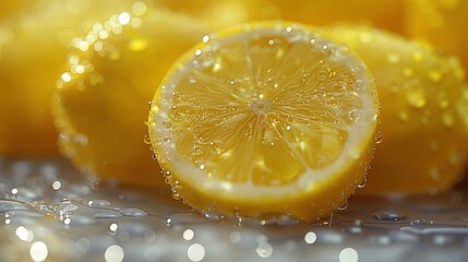   A close-up of a slice of lemon with water droplets on its top and bottom