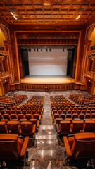 Curved Concert Hall, Golden Hall, large front screen, marble floor, warm coffee color, leather mixed metal