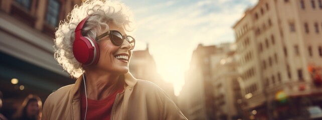 An elderly Caucasian woman joyfully listens to music using red headphones while walking through a sunlit urban street, her expression one of happiness and relaxation.