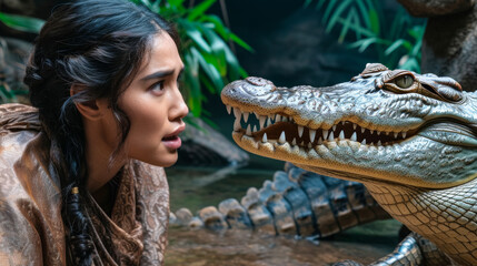A woman is standing in front of a crocodile