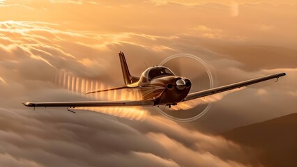 Naklejka premium A small private propeller plane flying amidst clouds with sunbeams. Concept Scenic Sky Photography, Private Plane, Cloudscape, Sunny Flights