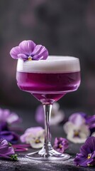 A purple cocktail with white foam in an elegant glass, garnish with purple flower against a dark background