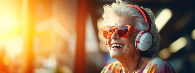 An elderly Caucasian woman joyfully listens to music using red headphones while walking through a sunlit urban street, her expression one of happiness and relaxation.