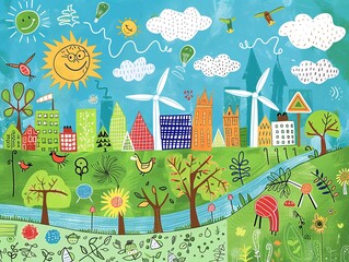 A whimsical illustration of a sustainable city