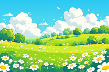 A cartoon illustration of an idyllic green meadow with trees and flowers, blue sky background