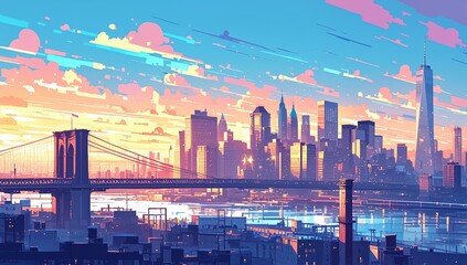 A cartoon illustration of the New York City skyline at sunset, with pink and blue clouds in the sky
