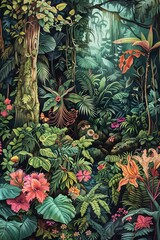 A lush tropical rainforest with a variety of plants and flowers