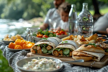 An outdoor picnic scene with a variety of foods on a blanket, exuding a sense of leisure and...