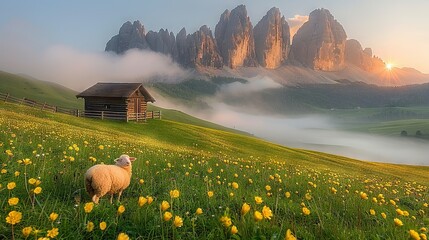   Sheep on green grass near hilltop with yellow dandelions