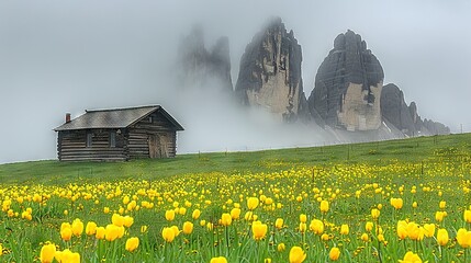   A house rests atop a verdant hill, surrounded by a sea of green and yellow tulips