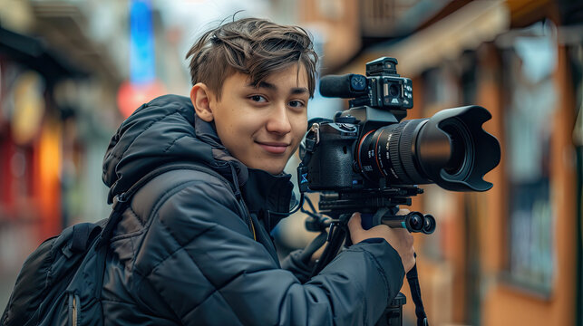 Young teenager student of audiovisuals, next to a professional video camera.
