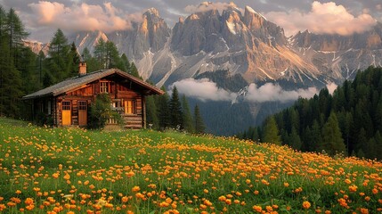   A cozy cabin nestled amidst a sea of vibrant wildflowers, framed by majestic mountains and fluffy clouds above