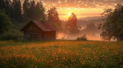 A cabin in a wildflower field with the sun setting over distant trees