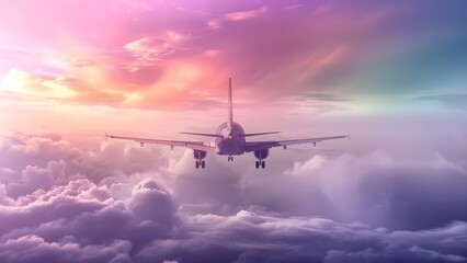 Fototapeta na wymiar A stunning airplane in a rainbow sky above fluffy clouds. Concept Rainbow Sky, Fluffy Clouds, Airplane Photography, Colorful Aviation, Stunning Aerial View