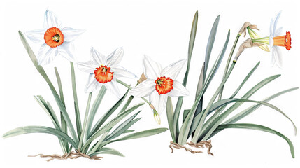   White flowers with orange stamens at painting's center, surrounded by green stems in foreground