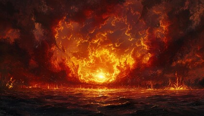 A fiery explosion engulfs the ocean in a cataclysmic event that threatens to consume all life on Earth.
