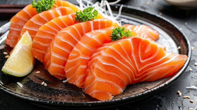 Delicious fresh salmon slices on a plate