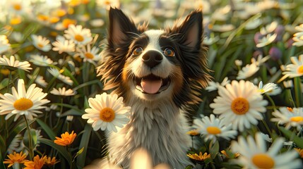 Obraz premium Cartoon style illustration. Border Collie dog stands in the flowers at sunset
