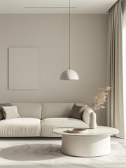 3D visualization of a modern living room interior with a beige sofa, coffee table, and decorative elements