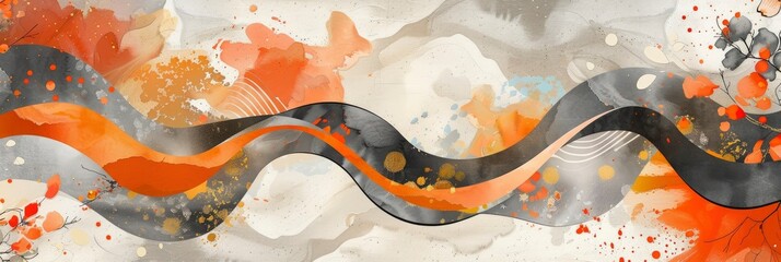 Abstract orange and gray pattern with wavy shapes, retro style, wallpaper design for interior decoration. Abstract background with floral elements watercolor painting. Abstract art print.