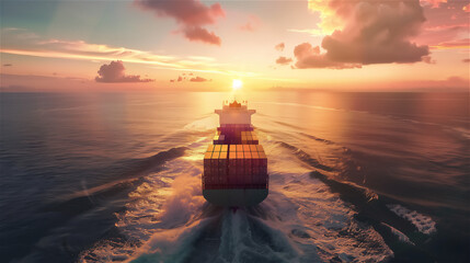 A container ship full loaded with many containers sails on the sea in beautiful scenery during sunset.