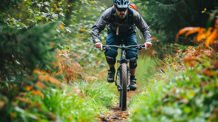 MTB rider rides fast on a mountain single track.