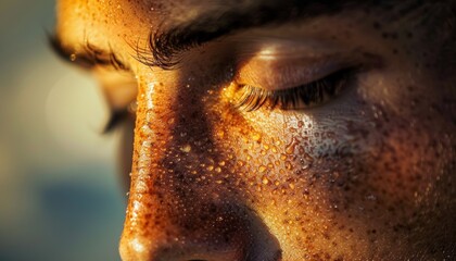 Close-up photo of a man's face with freckles and a few drops of water on his cheek.