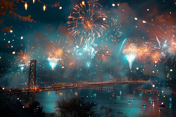 Sparkling fireworks lighting up the night sky above a festive bridge.