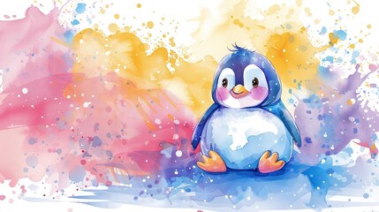 Fototapeta premium A watercolor portrait depicts a penguin perched on top of a azure and ivory orb, adorned with dots of colorful pigment