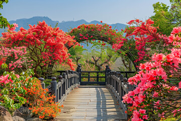 Vibrant flowers framing a majestic bridge under a clear sky.