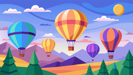 Fototapeta premium It was a truly picturesque scene with the multicolored hot air balloons dancing across the sky in a competitive display.. Vector illustration