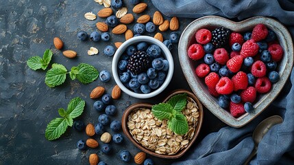   Blueberries, raspberries, almonds, and a heart-shaped bowl of granola in a bowl of berries - Powered by Adobe