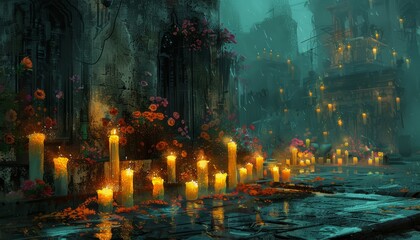 Fototapeta premium The foggy street is lit by the flickering lights of candles. The rain is falling, and the wind is blowing. The only sound is the gentle lapping of the water against the stone.