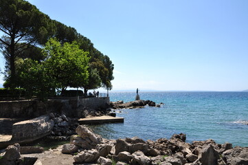 Croatia,Opatija March 2021. Sculpture of the girl with the bird in hand on the shore in Opatija.The historic statue of Maiden with the seagull is a symbol, not only of Opatija, but the entire Kvarner