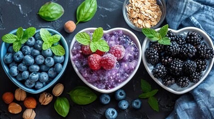   Bowls of blueberries, raspberries, almonds, and other fruits sit on a black surface