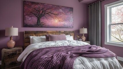   A spacious room boasting a grand painting on its wall, along with a cozy bed adorned in a crisp white comforter and vibrant purple blanket
