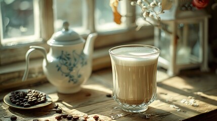   A cup of coffee rests atop a wooden table alongside a plate of cookies and a teapot - Powered by Adobe