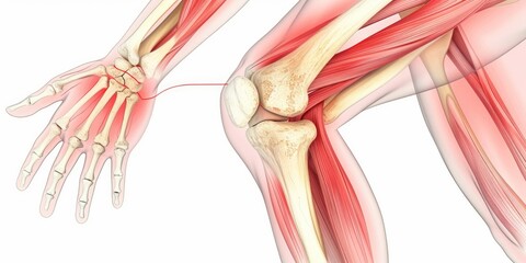 knee pain with muscles and tendons on white background