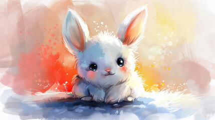   A white rabbit sits on a blue and orange blanket, smiling at the camera
