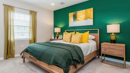 modern bed room decor with bed, dark green comforter and yellow pillows, hanging wall art, table lamp on emerald green wall background