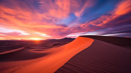 Dramatic sunset over the dunes of the Sahara desert, Morocco