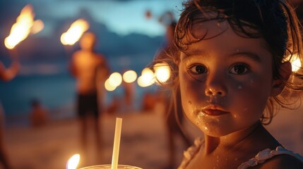 A little girl is holding a lit candle on the beach, under the starry sky during a happy event. The scene is reminiscent of fun travels and classic cocktails like aguas frescas in a martini glass AIG50