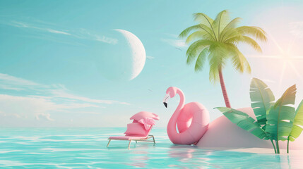 3D render, summer beach background with palm tree and sun in the sky, flamingo float in water and chair under sunshine, summer vacation concept. Cartoon style. Pastel colors.
