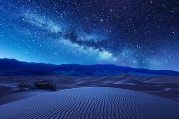Captivating astrophotography of the starry. Tranquil desert night with breathtaking views of the milky way galaxy. Stunning sand dunes