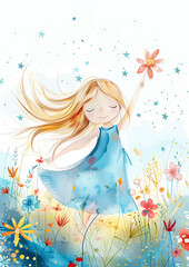 Watercolor Illustrations: Girl Floating in Blossoming Fields, kids card