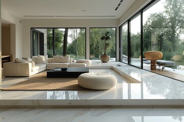 Fototapeta premium Expansive modern living room combining luxury and simplicity with nature view through floor-to-ceiling windows Tranquility and space