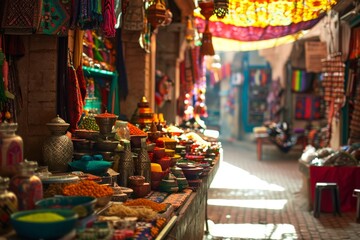 The vibrant colors of a Moroccan bazaar, Vibrant market stalls adorned with exotic fruits, textiles...