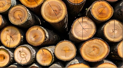 Trunks of different tree species stacked for storage. Stacked wood logs background details. Firewood texture. Pile of dry chopped fire wood background. "Stacked Wood Logs Background"